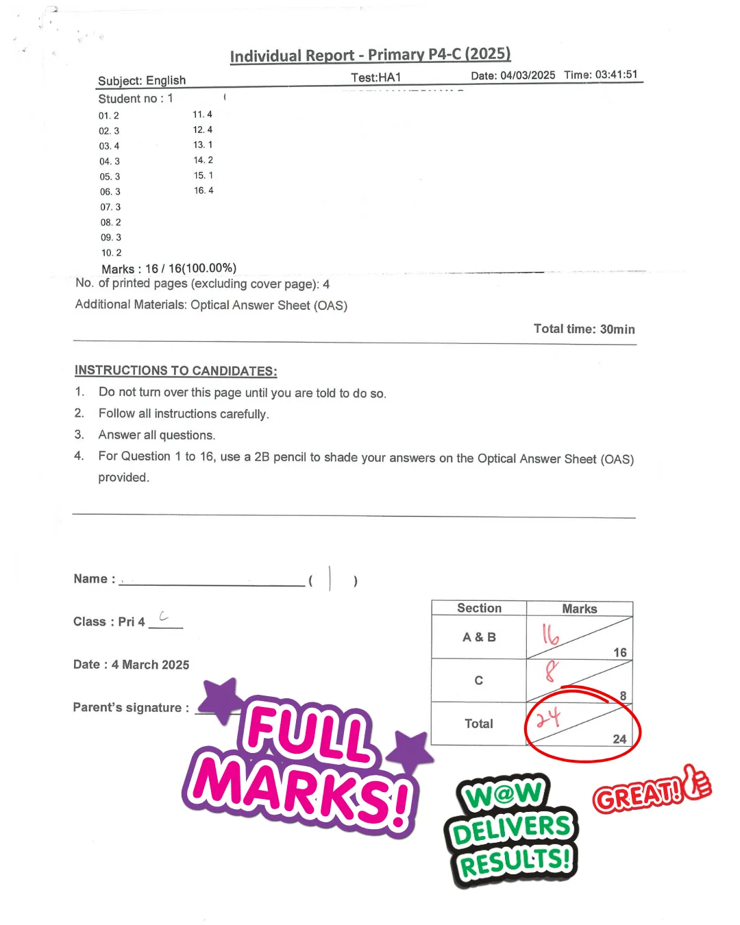 Writers At Work Student Result Paper 2 FULL MARKS
