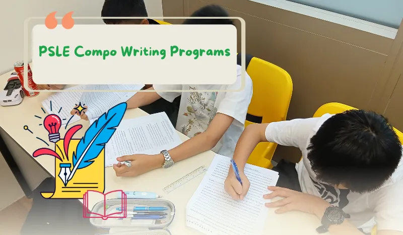 Primary school students in Singapore practising PSLE composition writing during a WRITERS AT WORK lesson, supporting Paper 1 Continuous Writing preparation.
