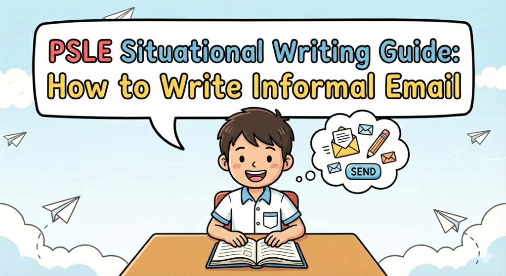 An image featuring a cheerful student in a school uniform sitting at a desk, writing on paper with a pen. A large speech bubble or header above reads "PSLE Situational Writing Guide: How to Write Informal Email"