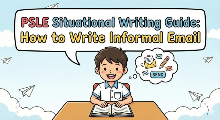 An image featuring a cheerful student in a school uniform sitting at a desk, writing on paper with a pen. A large speech bubble or header above reads "PSLE Situational Writing Guide: How to Write Informal Email"