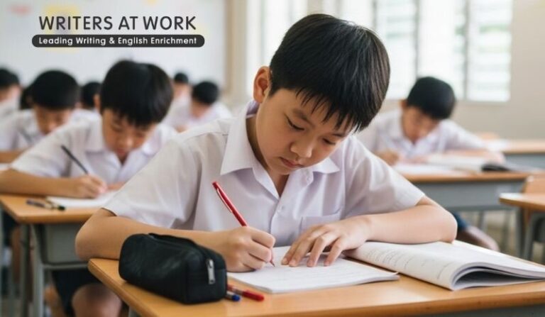 Primary student writing school-themed PSLE composition