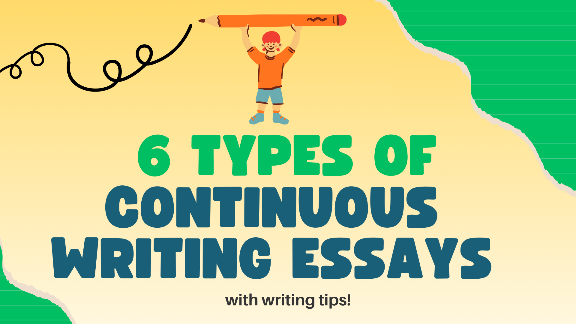 Boy carrying a pencil standing on top of the words "6 Types of Continuous Writing Essays with writing tips!"