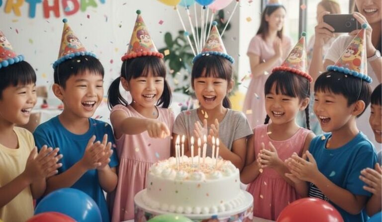 Children celebrating at birthday party for PSLE composition theme