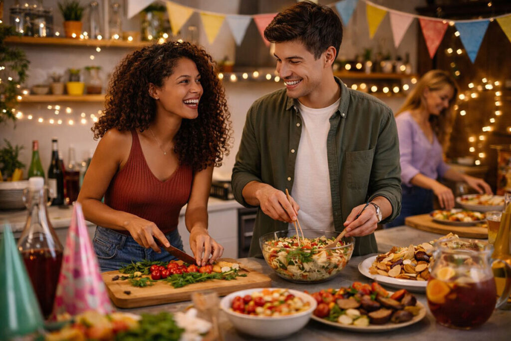 A man and a woman preparing food before a celebration