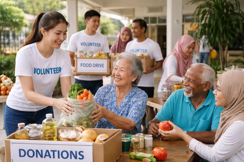 Volunteers for a food drive, helping the community