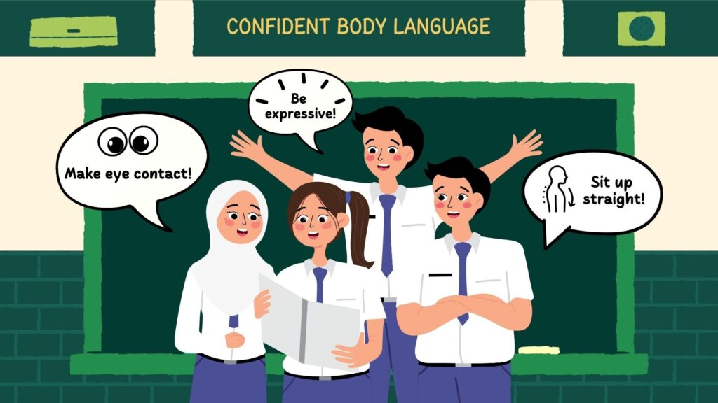 A group of secondary school students giving tips on confident body language. One says Make eye contact, another says Sit up straight, another says Be expressive