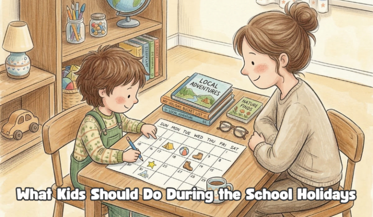 Parent and child planning a one-week school holiday routine with books to keep Primary English on track