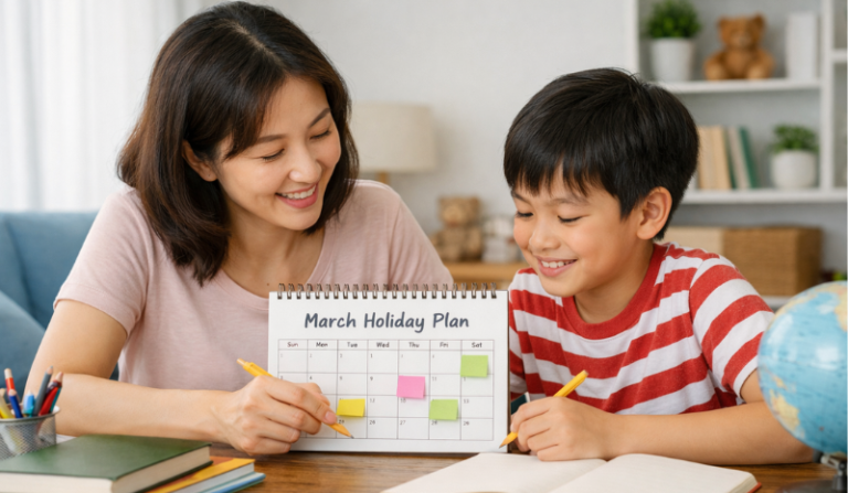 Parent and child planning a March school holiday routine at home with a calendar and books