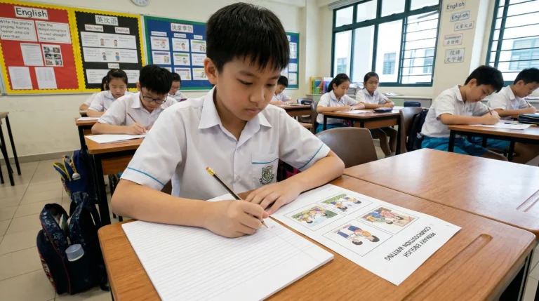 Primary 6 student writing PSLE composition at desk in school