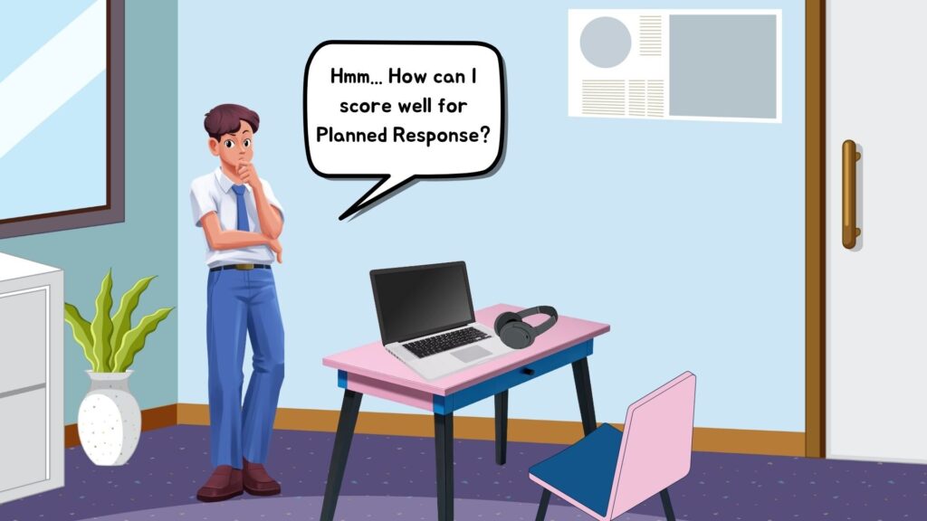 Secondary school boy in a room thinking How can I score well for Planned Response. On the desk, there is a laptop and headphones ready for use.