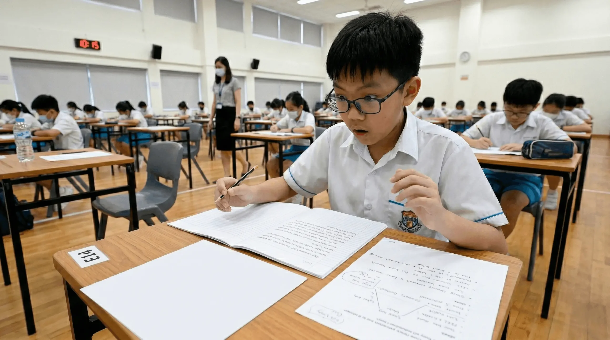 Primary 6 student surprised while writing PSLE composition with story twist