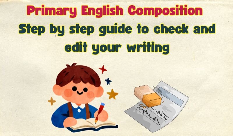 Primary English Composition student checking and editing writing before submission