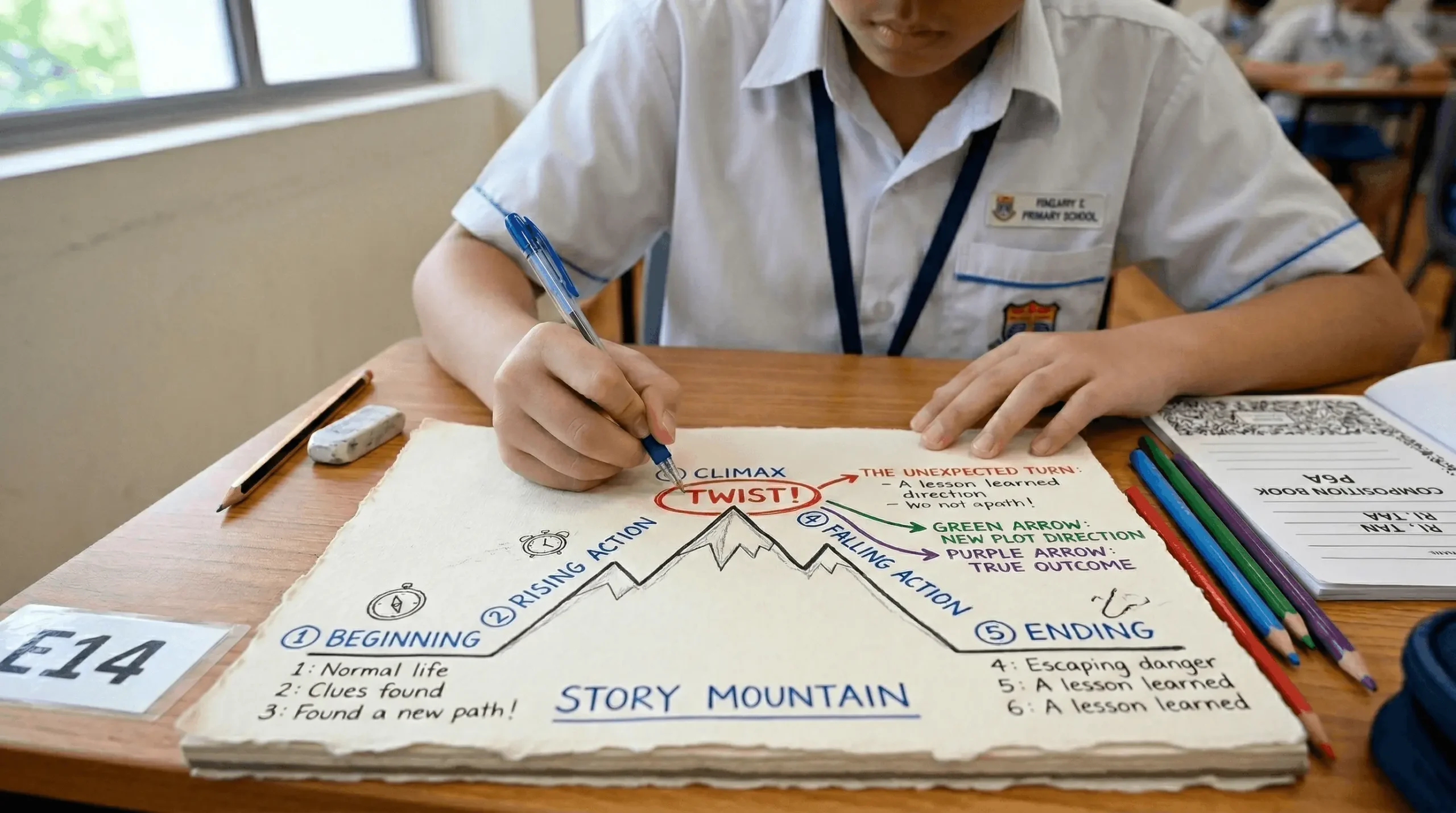 Student planning story twist on story mountain with coloured arrows