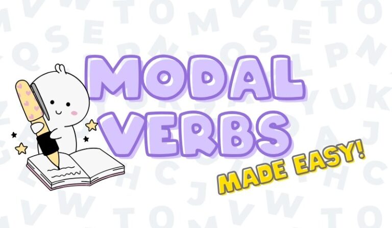 Colourful illustration with the title "Modal verbs made easy" with a cartoon character writing with an oversized pencil.