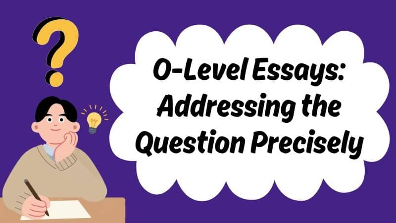 Cover image of a boy thinking while writing an essay with the heading: O-Level Essay: Addressing the Question Precisely