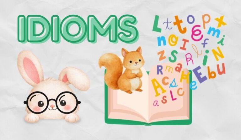 Large title "Idioms" accompanied by a colourful book and studious animals.
