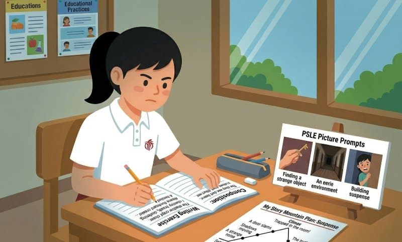 Primary 6 student writing suspenseful PSLE composition with story mountain