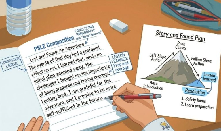Primary 6 student writing conclusion paragraph of PSLE composition