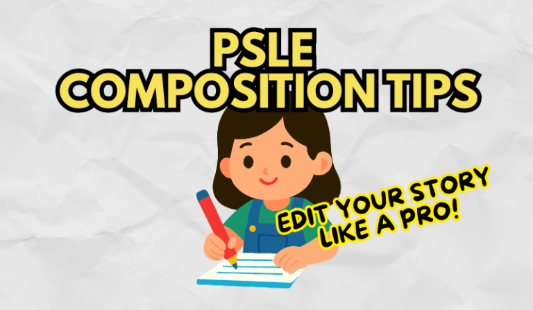 Student writing a composition with the title "PSLE COMPOSITION TIPS"