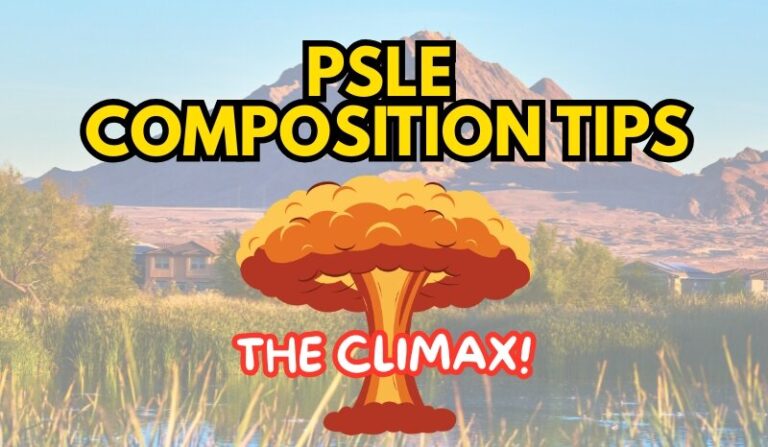 A mushroom cloud explosion with the title "PSLE COMPOSITION TIPS" for writing a climax