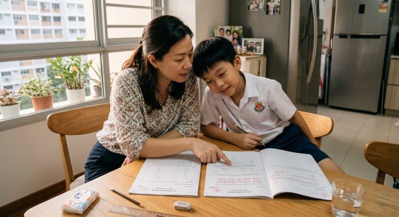 Parent and Primary 4 student in Singapore home at dining table reviewing schoolwork together, recent P4 exam paper and feedback visible, thoughtful expressions, warm natural light, focused conversation