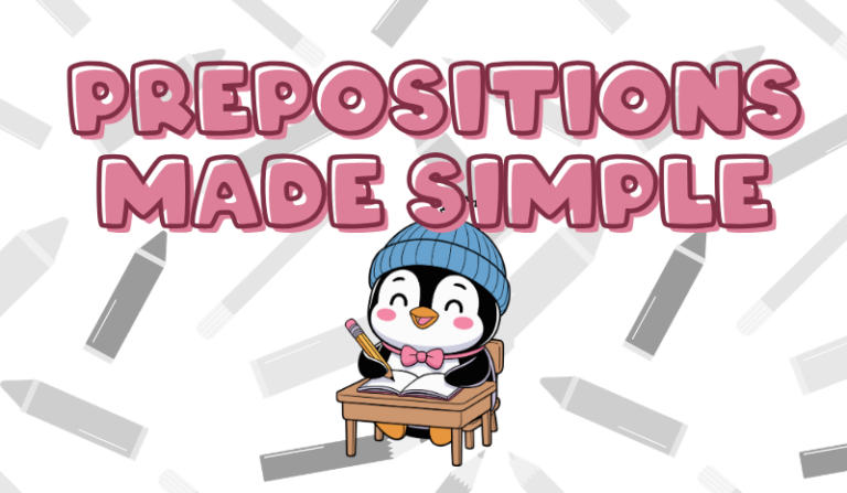 Penguin student at a desk, happily studying, with the title "Prepositions Made Simple"