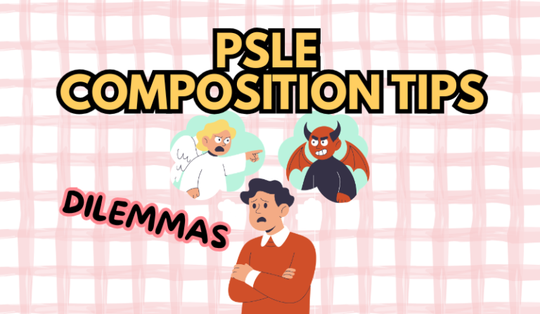 Person with angel and devil on shoulders in a dilemma with the title "PSLE COMPOSITION TIPS"