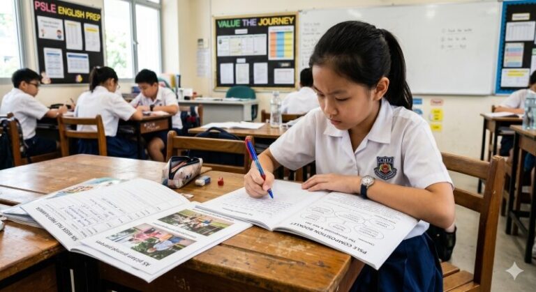 Primary 6 student in Singapore school uniform planning a PSLE composition with a six-week prep planner and notes spread across the desk
