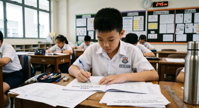 Primary 5 student in a Singapore school uniform at a classroom desk, with PSLE English exam papers and planning notes spread out, focused expression, soft natural light, showing quiet determination
