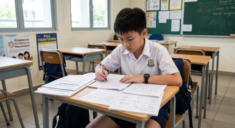 Primary 6 student in a Singapore school uniform at a classroom desk, surrounded by PSLE English exam papers, a composition draft with planning notes, and a focused expression showing quiet determination and readiness