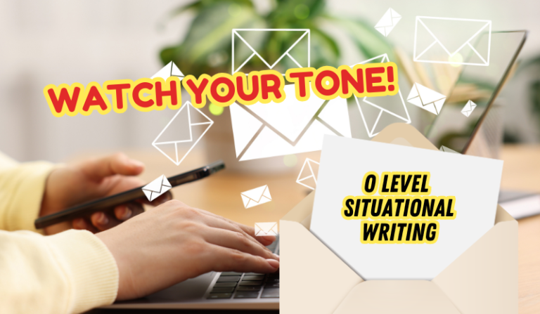 Student writing an email with the title "WATCH YOUR TONE! O LEVEL SITUATIONAL WRITING"