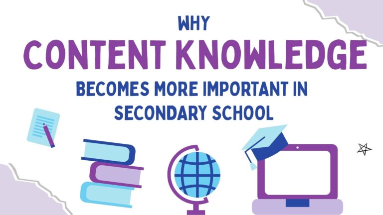 Cover page with the title "Why Content Knowledge Becomes More Important in Secondary English". There are symbols such as a piece of writing, books, a computer, and a globe.