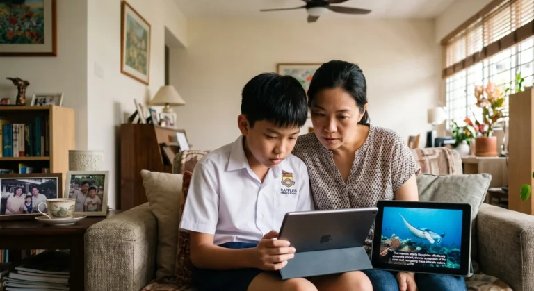 A Singapore Primary 6 student and parent watching a documentary together on a tablet on the living room sofa, both leaning in with focused expressions, subtitles visible at the bottom of the screen