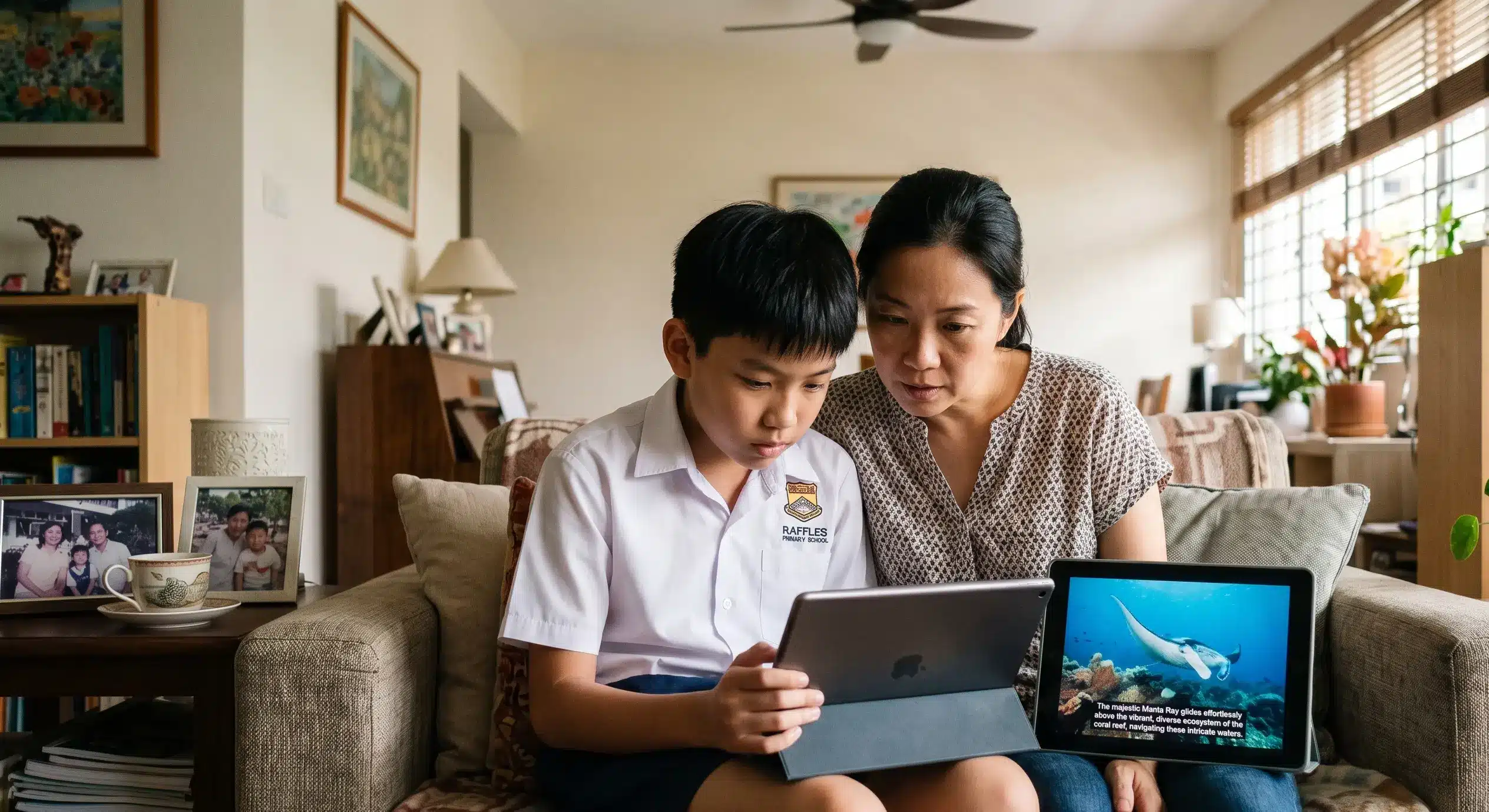 A Singapore Primary 6 student and parent watching a documentary together on a tablet on the living room sofa, both leaning in with focused expressions, subtitles visible at the bottom of the screen