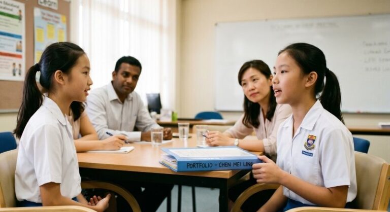 Singapore Primary 6 student in full primary school uniform sitting upright in a chair facing a small panel of two teachers across a wooden table in a school meeting room, mid-answer with a composed expression, a portfolio folder visible on the table