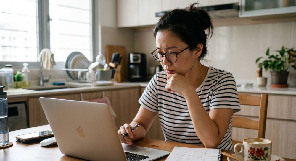 A Singapore parent sitting at a kitchen table with a laptop and a notebook, comparing English tuition options online with a thoughtful expression, a half-finished cup of kopi beside her