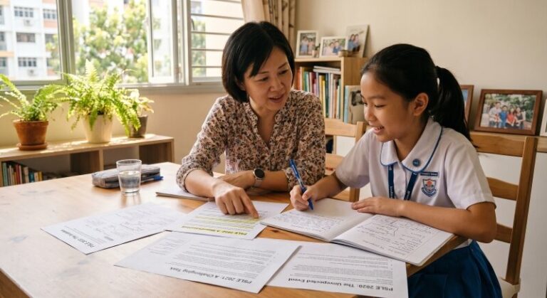 Parent and Primary 6 student in Singapore home discussing composition writing at the dining table, with past PSLE composition topics spread out, warm natural light, focused and engaged expressions