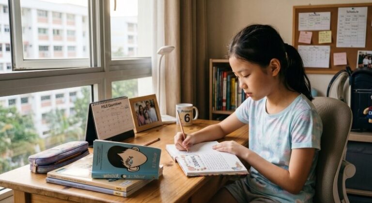 Singapore Primary 6 student in casual home clothes sitting at her bedroom desk writing in a journal under soft afternoon light, an open book and a pencil in front of her, thoughtful expression