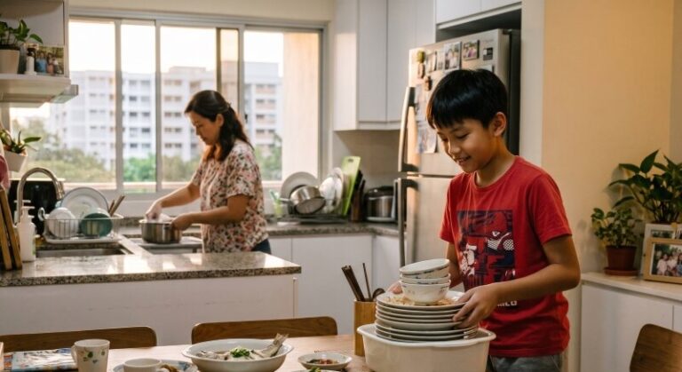 Singapore Primary 6 student in casual home clothes clearing the dinner table after a family meal, stacking plates neatly while a parent washes up at the kitchen sink in the background