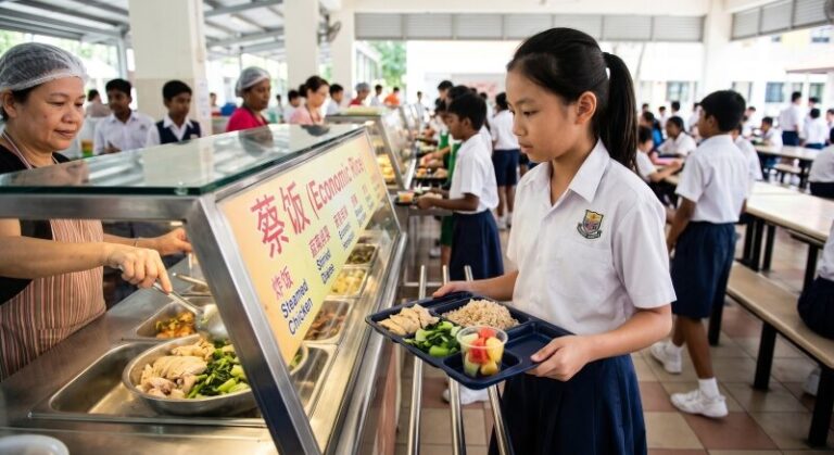 Primary 6 student in Singapore school uniform at a school canteen choosing brown rice and vegetables at the cai png stall during recess
