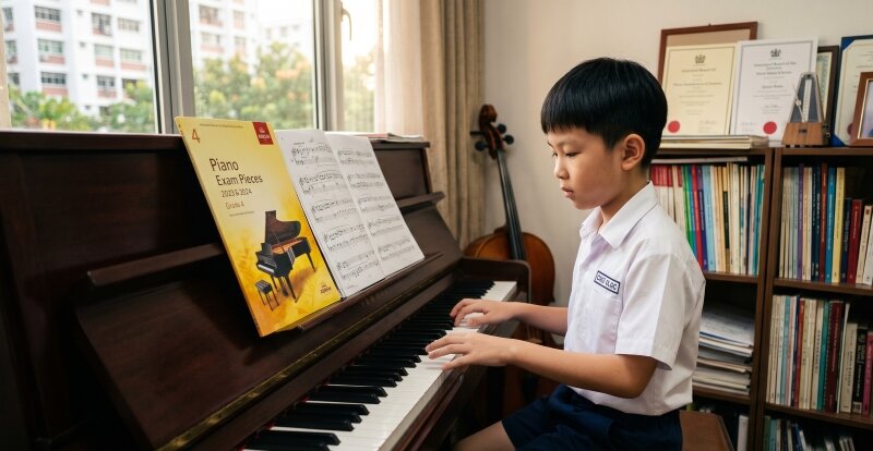Singapore primary school child at an upright piano in a home or studio music room, ABRSM grade examination sheet music open on the stand, hands hovering over the keys with a focused expression