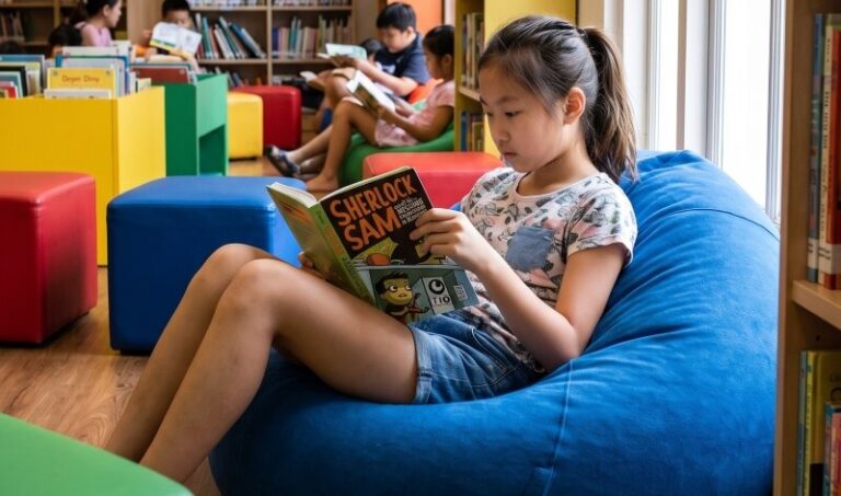 Singapore Primary 6 student in casual weekend clothes sitting on a beanbag at the children's corner of an NLB library, reading a Sherlock Sam book with a small stack of borrowed titles beside her