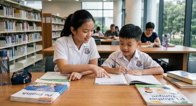 Primary 6 student in Singapore school uniform sitting next to a younger Primary 1 child at a school table, pointing at the younger child's workbook and gently explaining a question