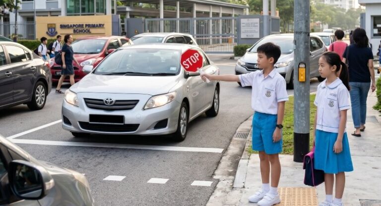 Primary school students at a zebra crossing outside a school gate in Singapore, one holding a handheld 'STOP' placard, with the green man showing on the traffic light