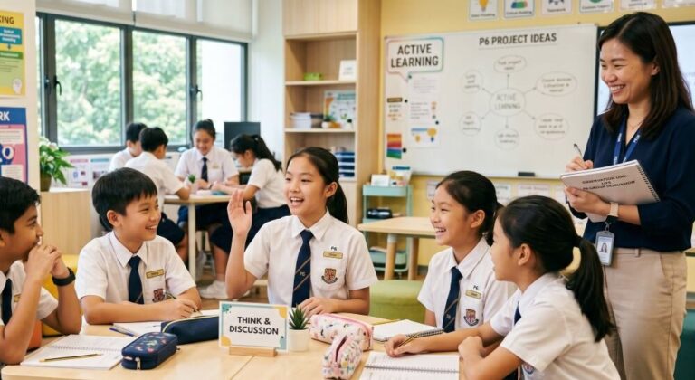 A small group of five Singapore Primary 6 students in school uniform sitting around a low table in a bright modern enrichment classroom, one student mid-sentence with a confident expression, others listening attentively