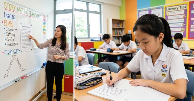 A Singapore Primary 6 student writing a composition in a notebook at a bright modern enrichment classroom, a teacher visible nearby pointing at a model paragraph on a whiteboard, focused expression