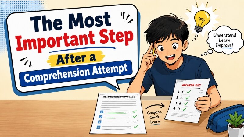 Student reviewing a comprehension answer key to improve English exam responses