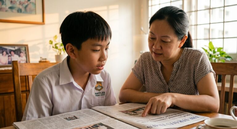 A Singapore parent and Primary 6 child sitting side by side at the dining table, both reading a Straits Times news article spread open in front of them, the parent pointing at a sentence while the child looks on attentively