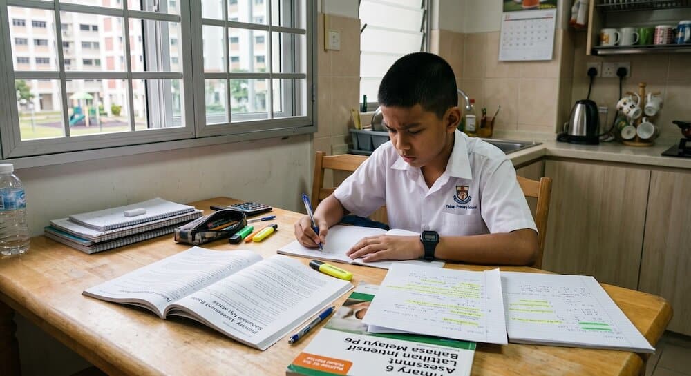 Primary 6 student in a Singapore school uniform sitting at a kitchen table revising for an examination, surrounded by assessment books and highlighted notes, focused expression, soft natural light