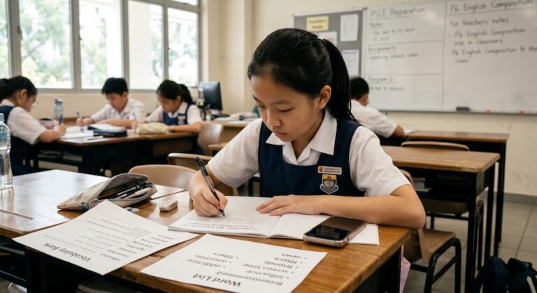 Primary 6 student in a Singapore school uniform writing a PSLE composition about social media at her desk, phone face-down beside her, vocabulary bank and word list spread across the table